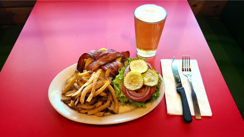 The Spot Pub Bacon Cheese Burger Fries Beer Food Photo